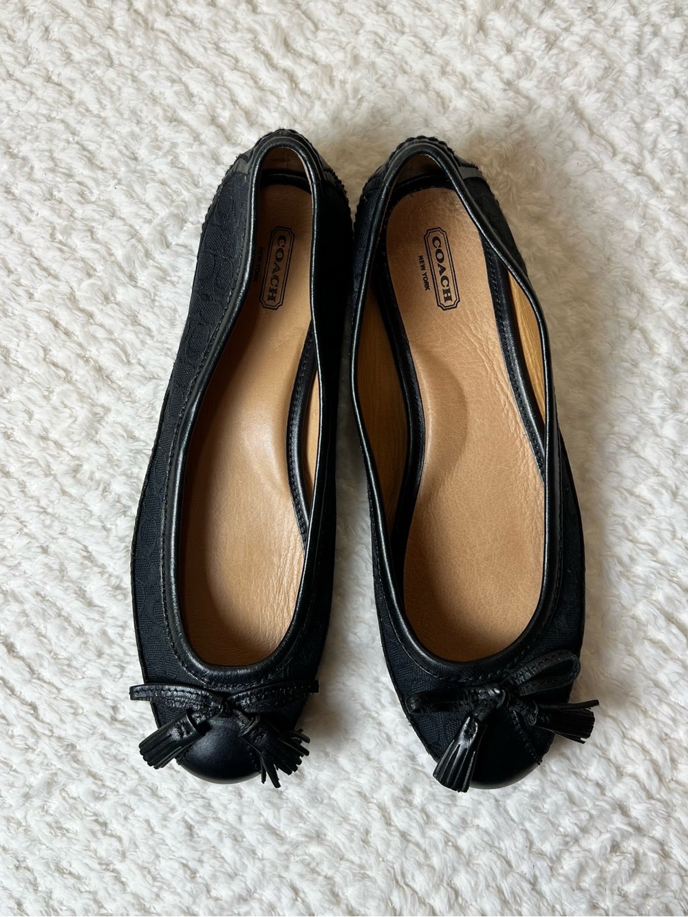 Coach Black Canvas & Leather Tassel Ballet Flats - Classic Preppy Luxury